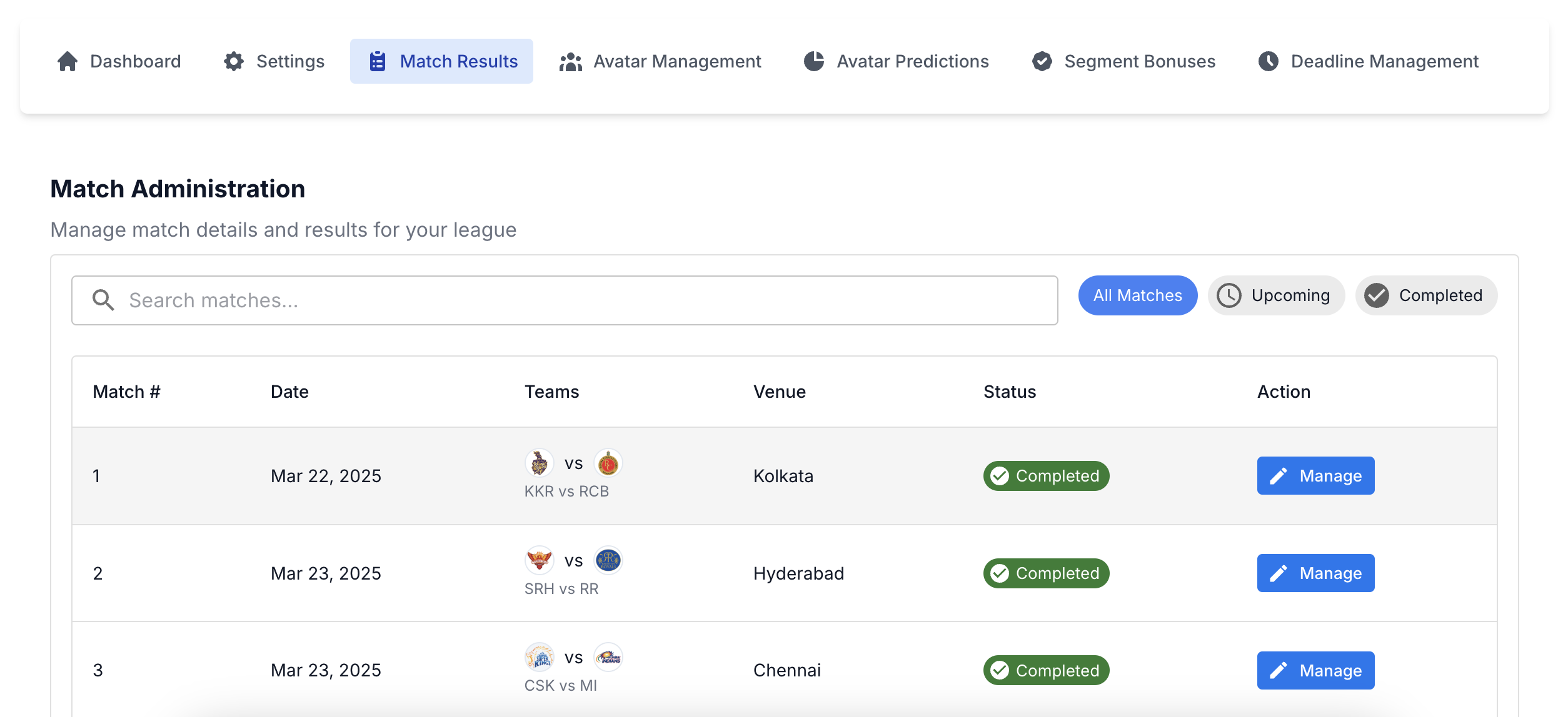 League Admin Dashboard